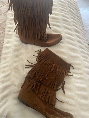 Minnetonka Brown Suede Layered Fringe Moccasins